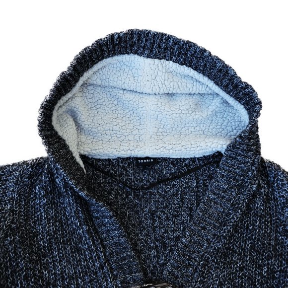 Torrid Cardigan Dark Grey Marled Longline Faux Sherpa Hood Toggle Pockets 2 - Picture 5 of 10